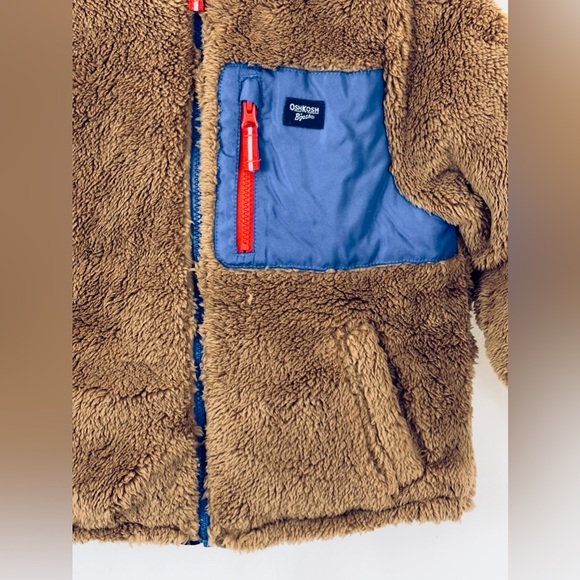 Oshkosh B’gosh Kids Tan/Navy Blue Hooded Reversible Sherpa Jacket Medium (5/6) - Picture 5 of 10